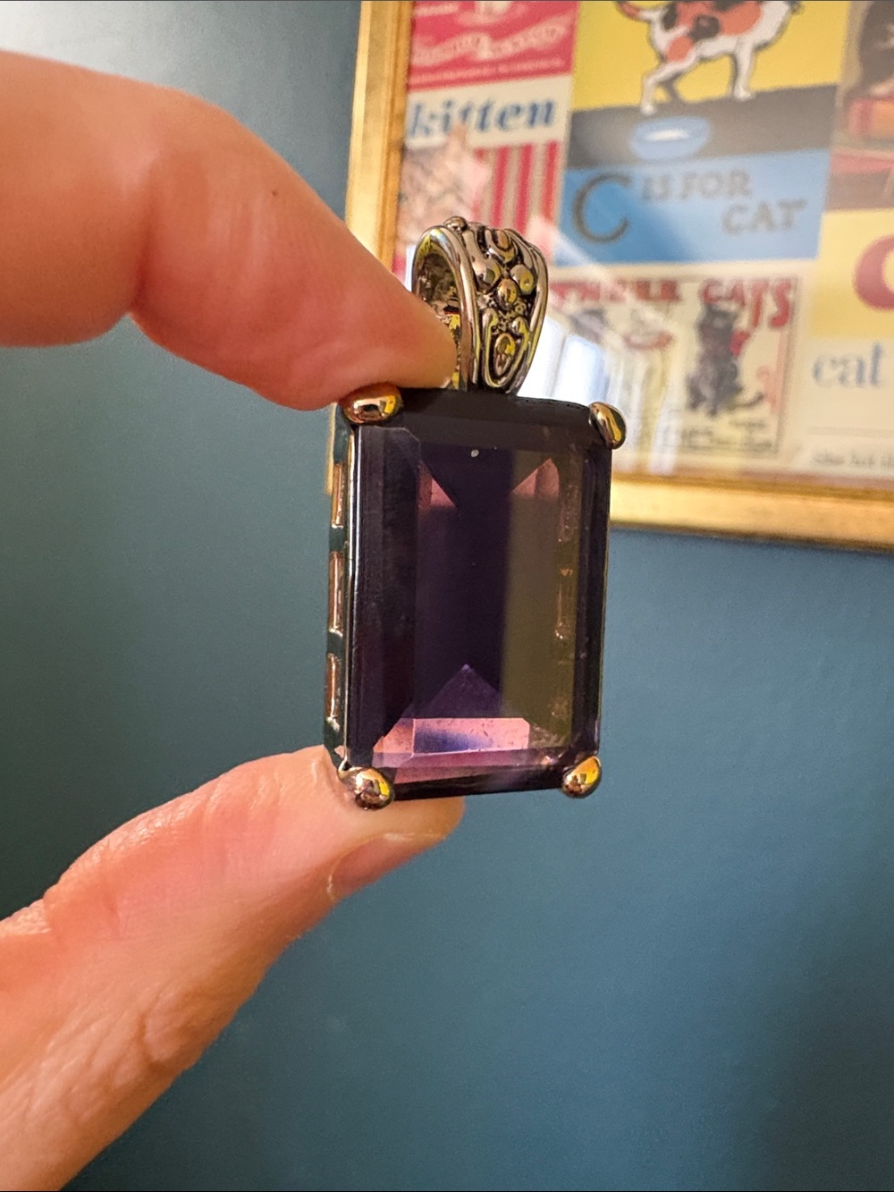 Emerald Cut Translucent Dark Purple Stone Pendant Charm